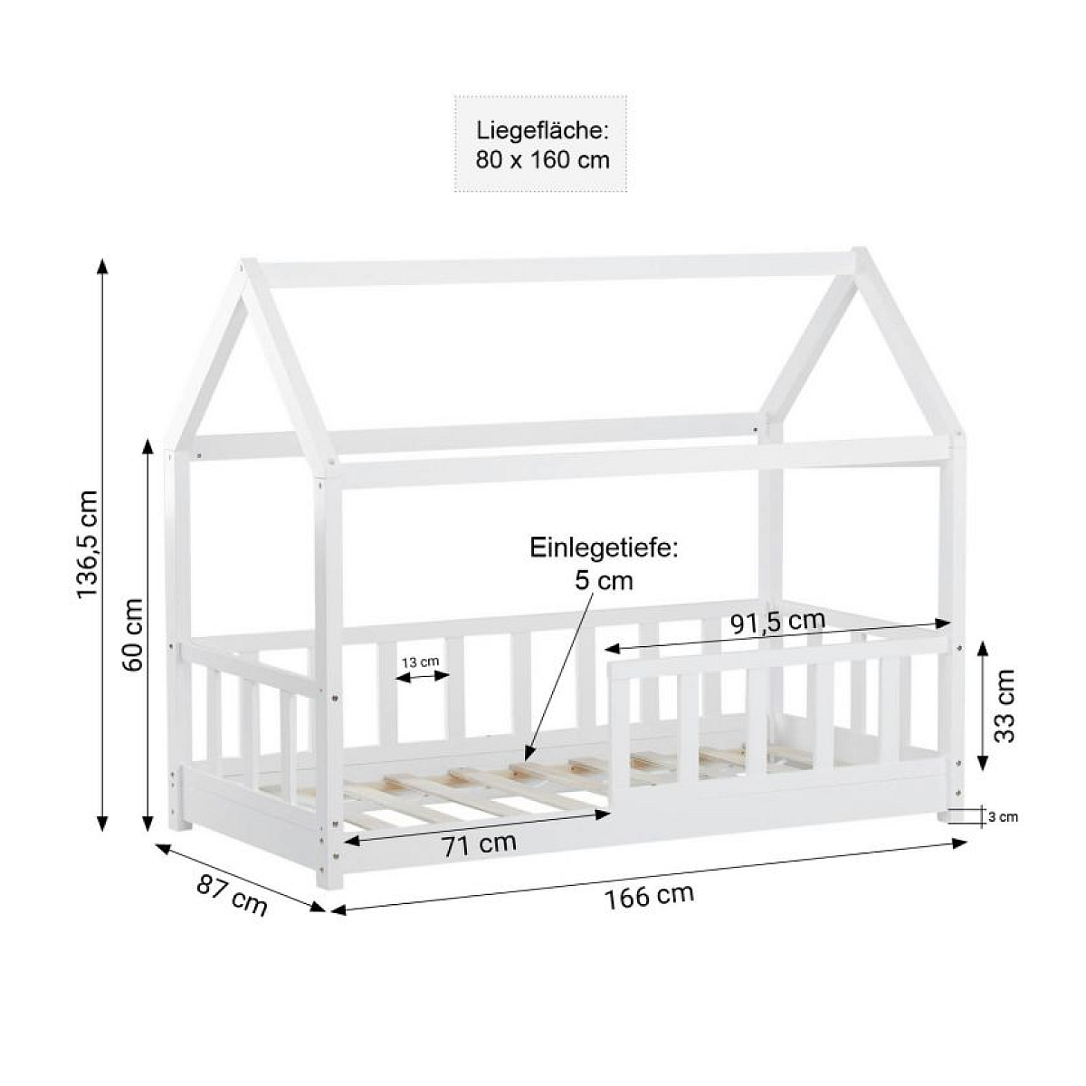 Lit enfant 80x160 matelas cabane barrières couleur unique, HOMESTYLE4U