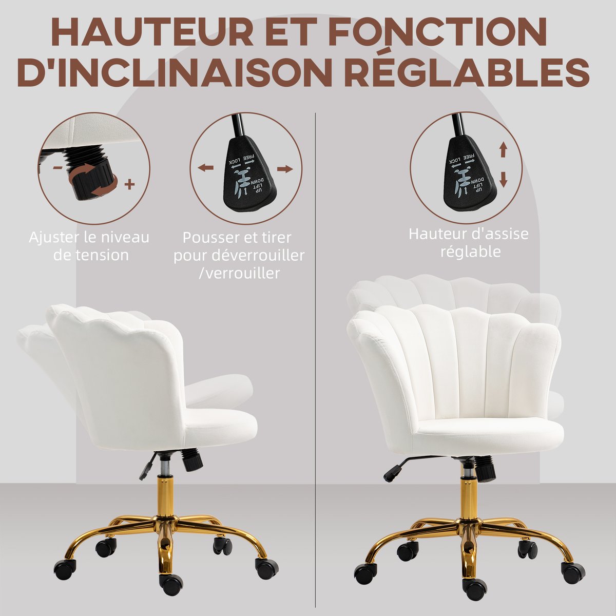 Chaise de bureau Velours (100% polyester) blanc, HOMCOM