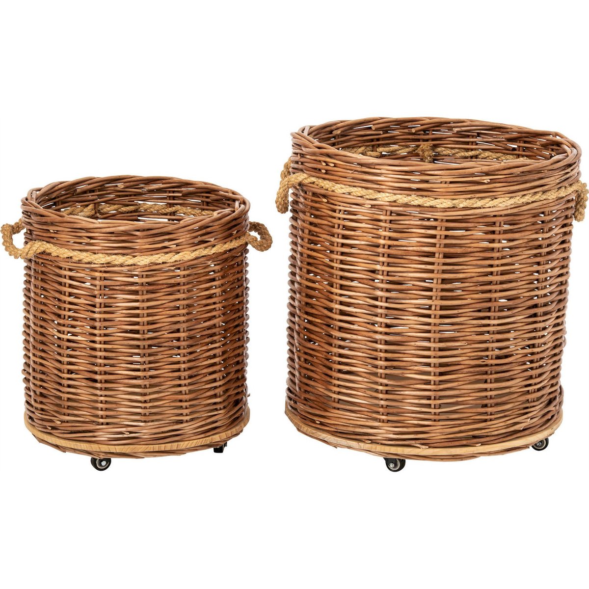 Lot de 2 cache-pots ronds en rotin à roulettes naturel et rouille, RECOLLECTION