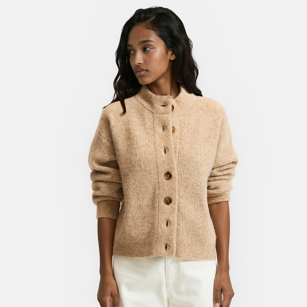 Gilet col montant en grosse maille beige chiné, LA REDOUTE COLLECTIONS