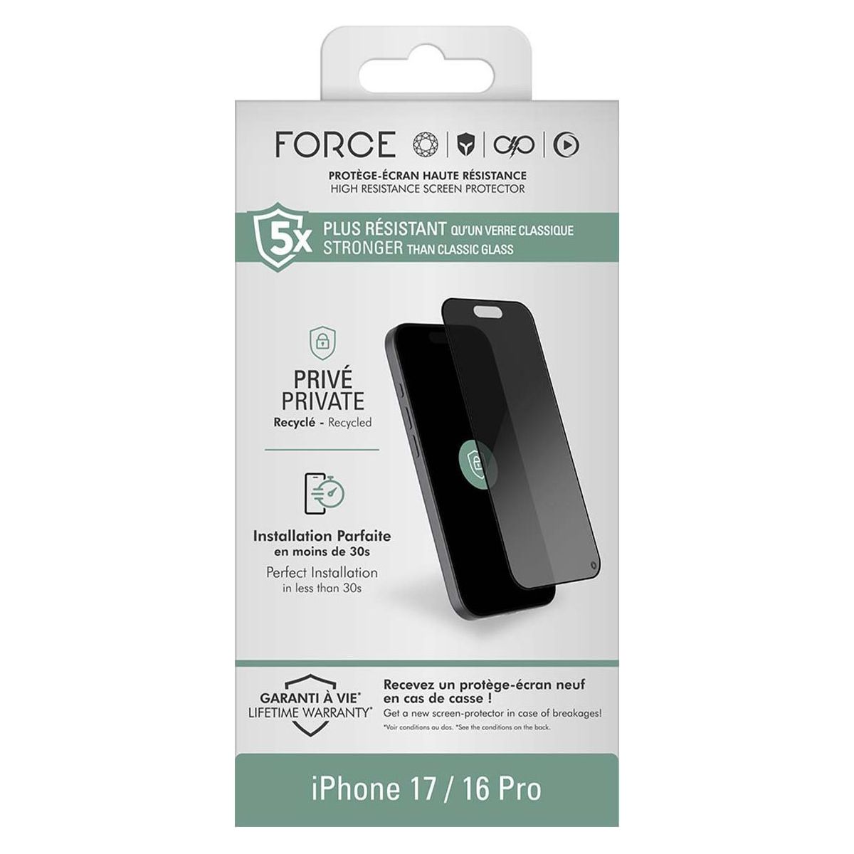 Protège écran iPhone 17/16 Pro privacy couleur unique, FORCE GLASS