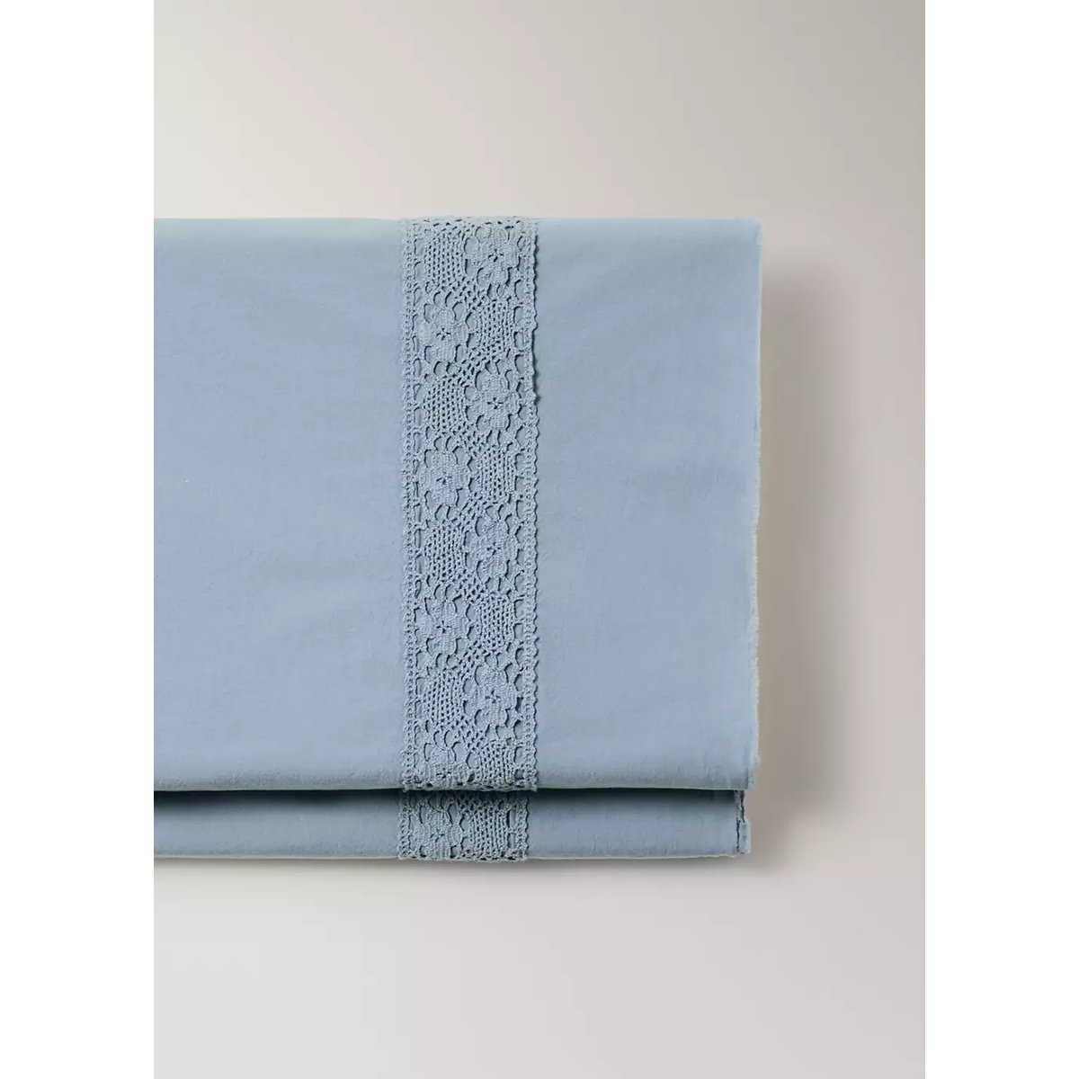 Drap plat percale de coton lavé détail dentelle lit 180/200 cm bleu, MANGO HOME