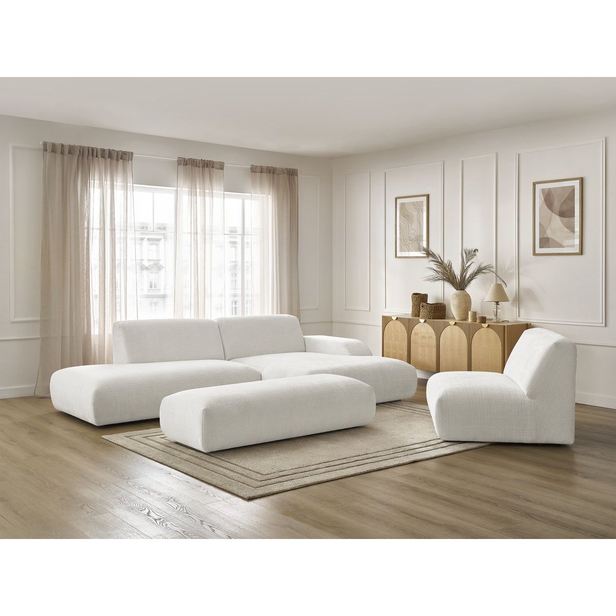 Canapé modulable 5 places en tissu texturé, SIRIUS blanc, BOBOCHIC