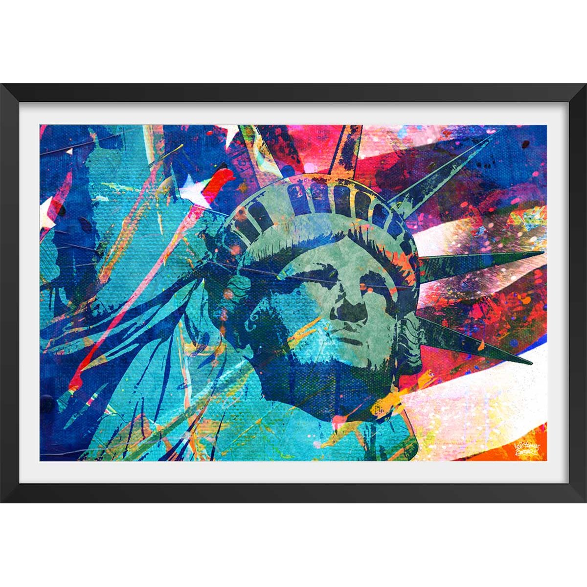 Affiche illustration graffiti statut de la liberté affiche + cadre en bois - noir, HEXOA