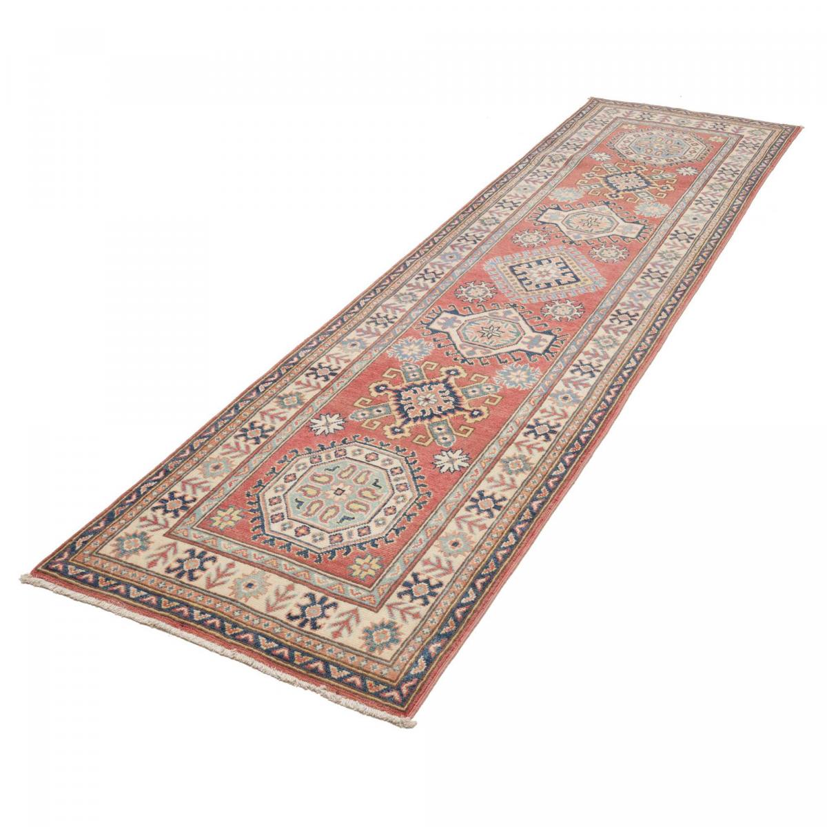 Tapis salon géométrique, noué main en laine, KAZAK CO 54 rouge, beige, bleu, UN AMOUR DE TAPIS