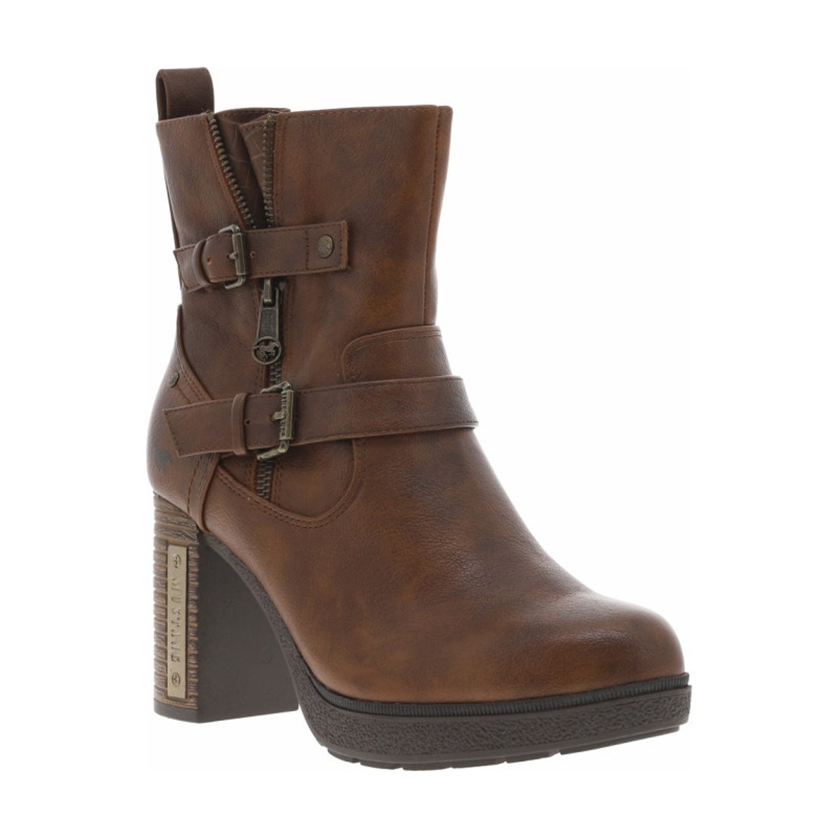 Boots brunes à talon décroché haut avec un zip et soufflet et boucles décoratifs brunes, MUSTANG