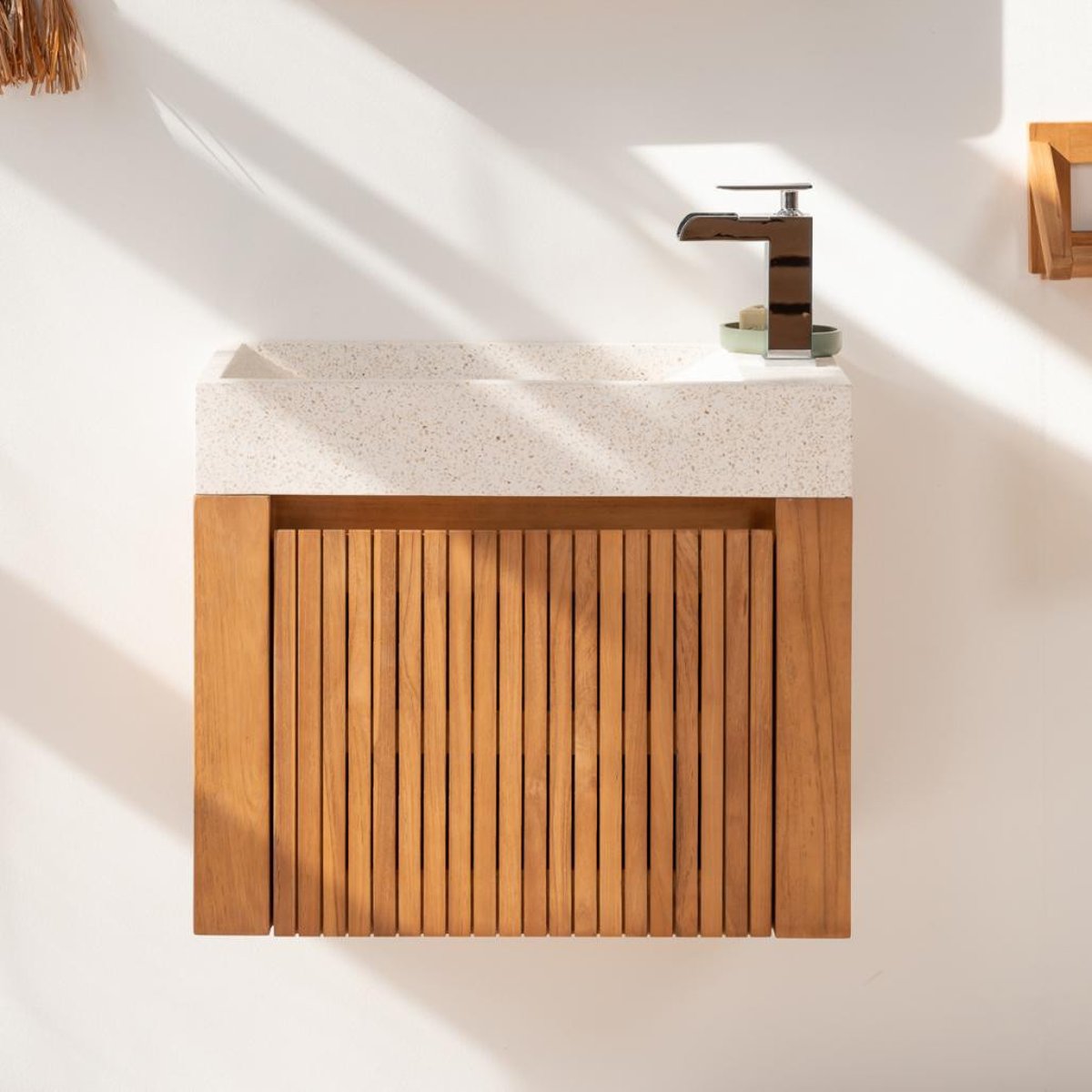 Lave main en teck rectangle et Meuble suspendu 60 LUXE crème, WANDA COLLECTION