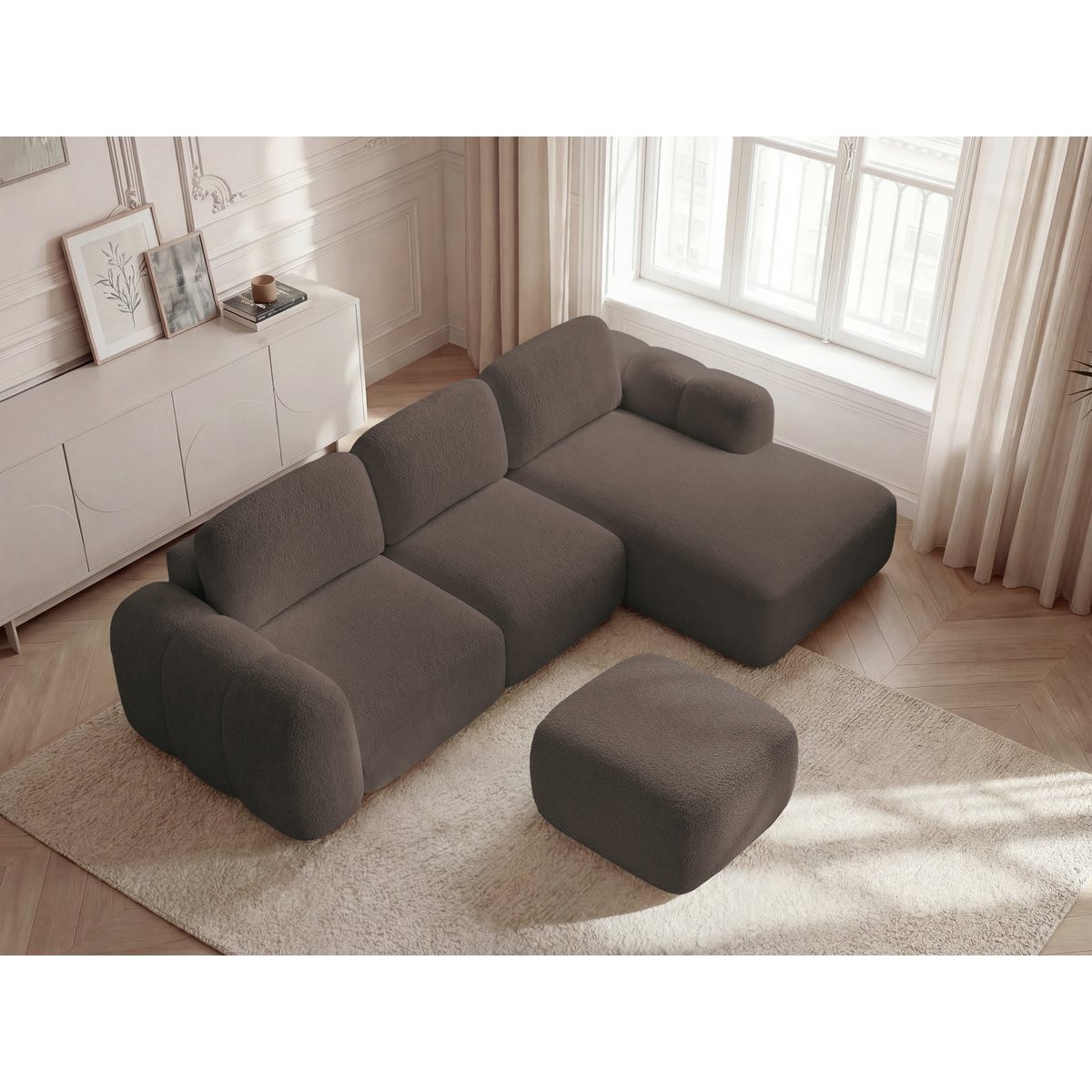 Canapé d'angle convertible 4 places en tissu bouclette avec pouf, MONTAIGNE marron, BOBOCHIC