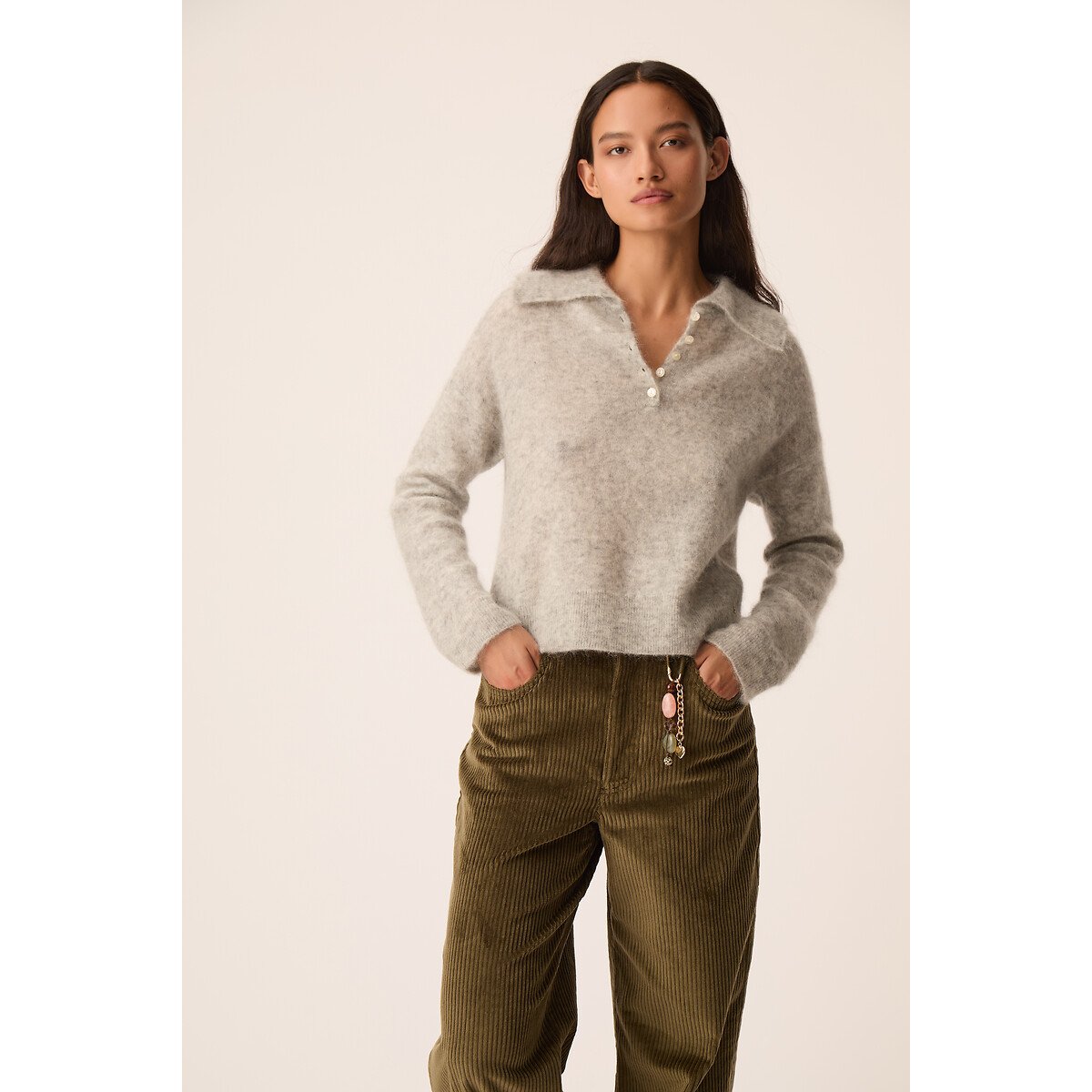 Pull à grand col polo, DOMITILLE gris chiné, DES PETITS HAUTS
