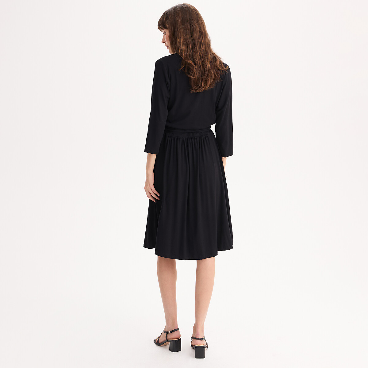Robe évasée en maille, longueur genou, manches 3/4 noir, ANNE WEYBURN