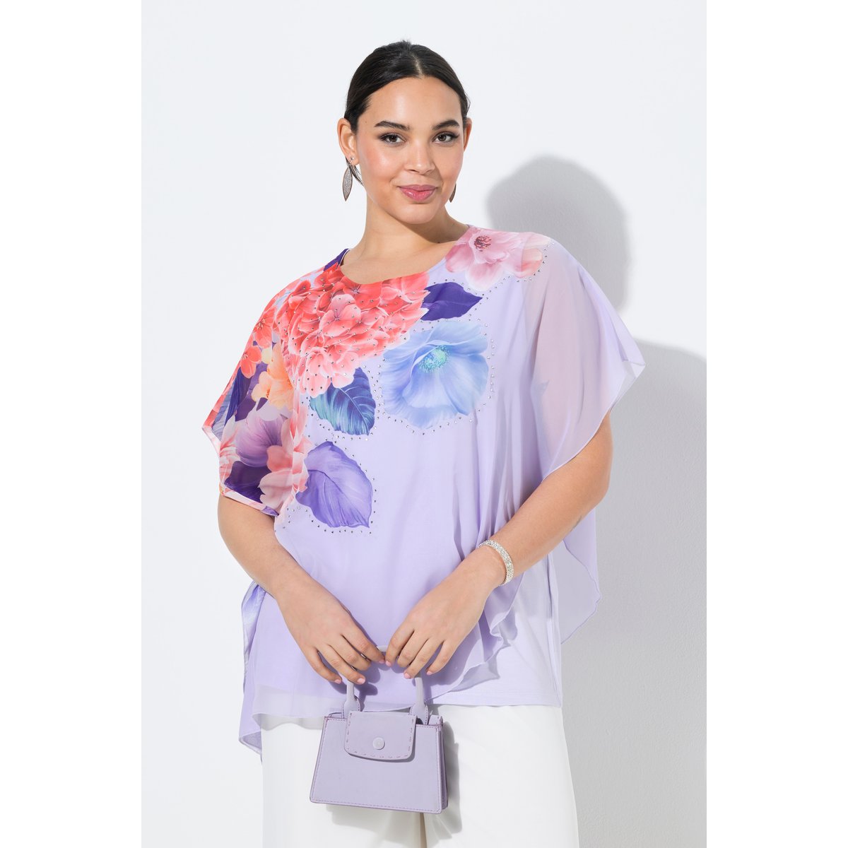 Blouse à fleurs en mousseline doublée violet vif, ULLA POPKEN