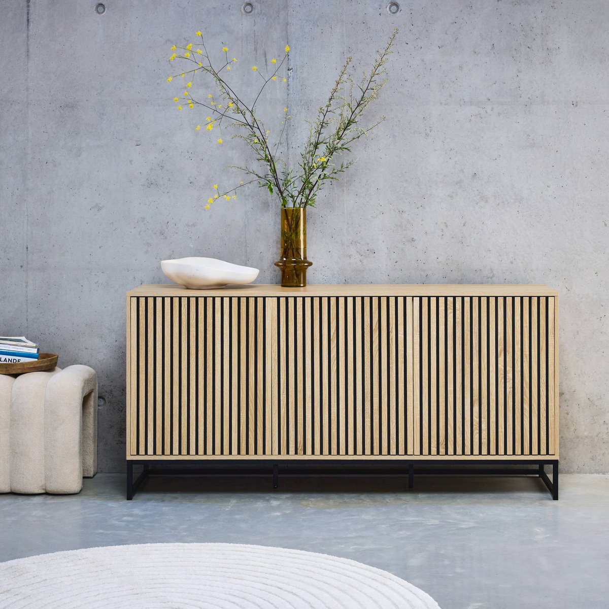 Buffet décor bois rainuré et métal 3 portes 160cm LISBONNE naturel, SWEEEK