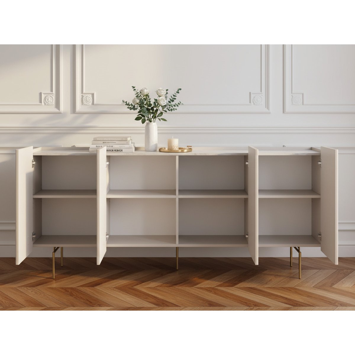 Buffet bas en panneaux de particules et MDF 4 portes 200 cm, MATHILDE beige, BOBOCHIC