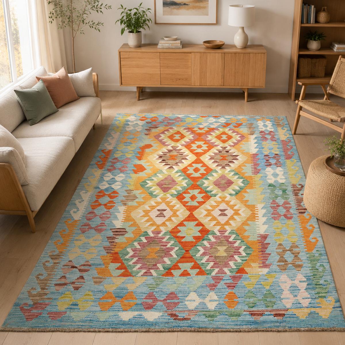 Tapis kilim ethnique, tissé plat en laine naturelle, KILIM 25 multicolore, bleu, orange, UN AMOUR DE TAPIS