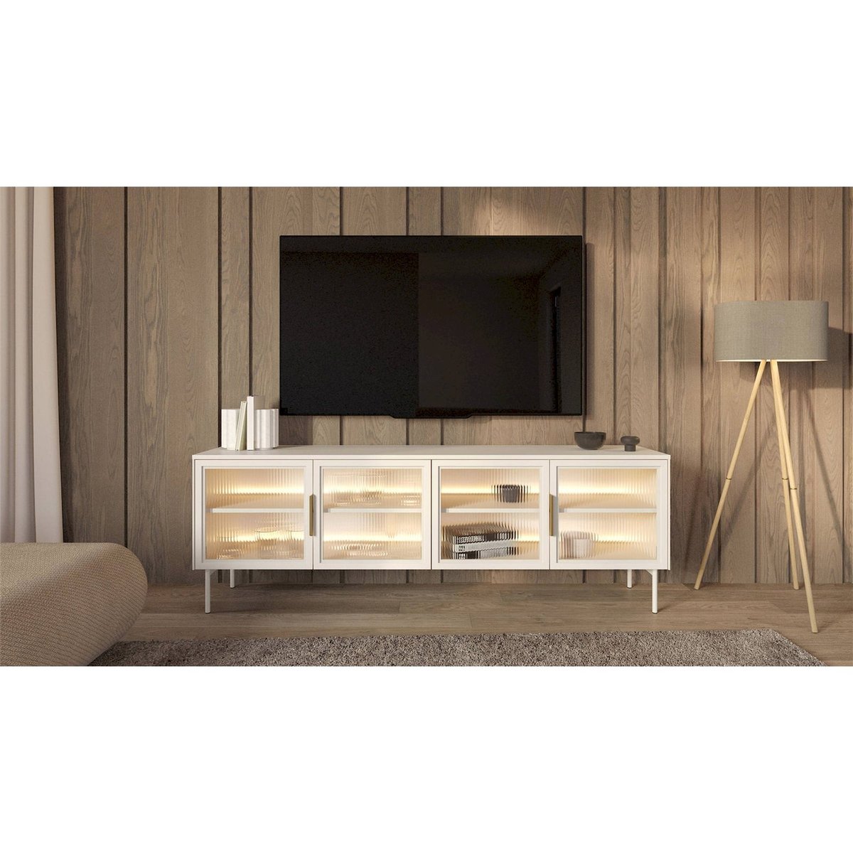 Meuble tv vitré LUMI avec éclairage LED cachemire, RECOLLECTION