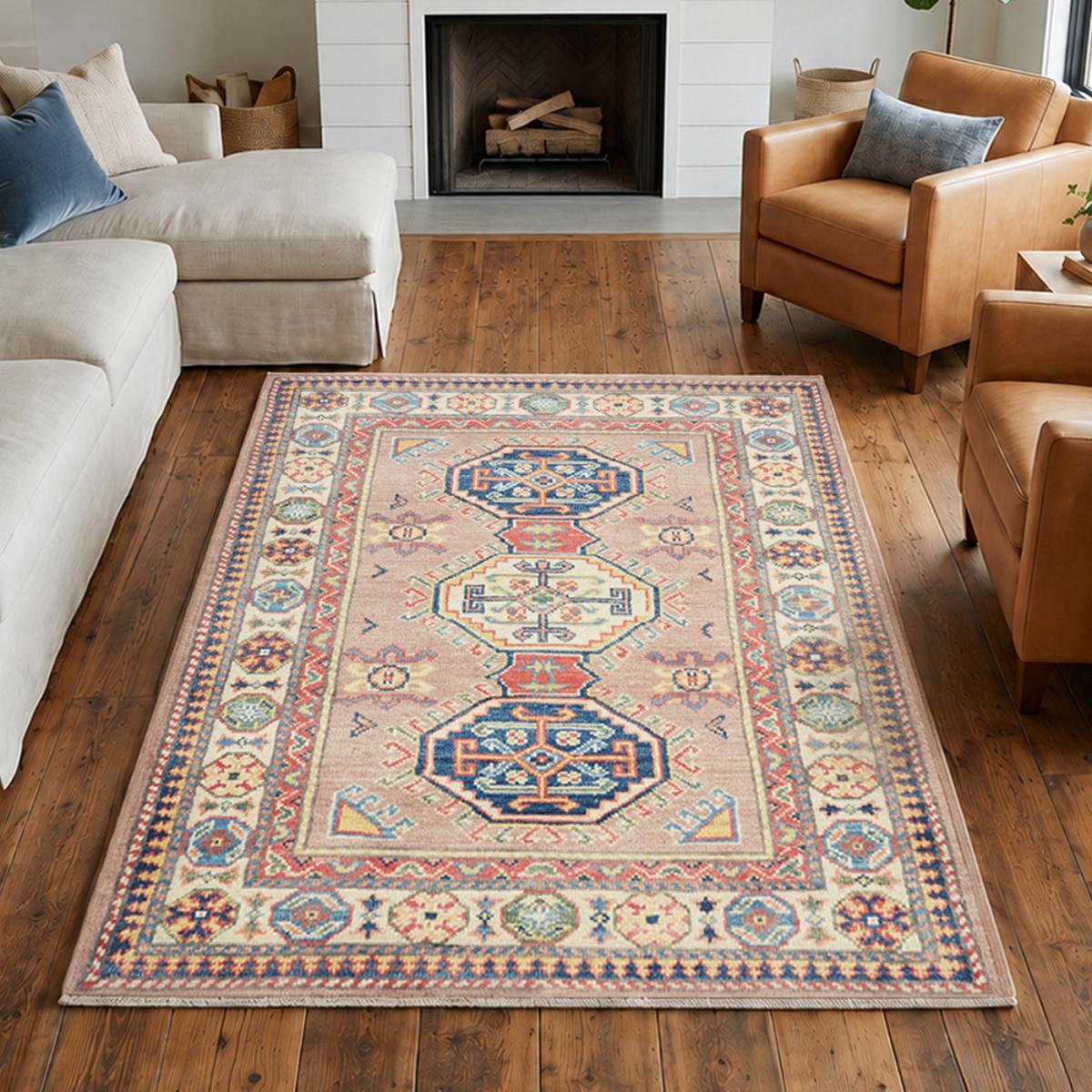 Tapis d'orient géométrique, noué main en laine, KAZAK CO 51 rose, bleu, crème, UN AMOUR DE TAPIS