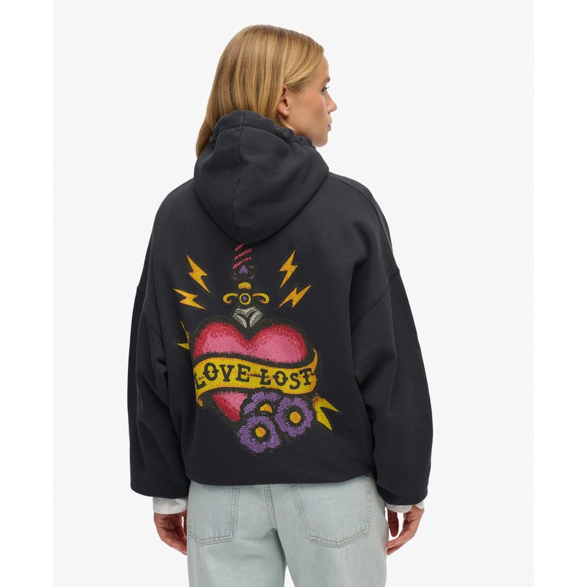 Sweat à capuche zippé oversize Old School Tattoo noir délavé, SUPERDRY