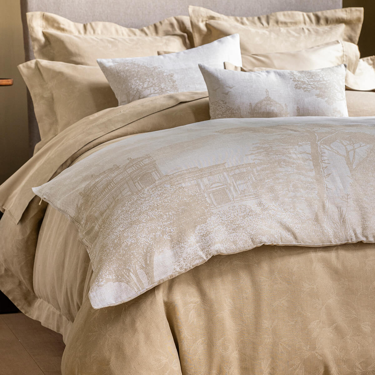 Housse de coussin en Coton/Lin, SYMPHONIE sépia, LE JACQUARD FRANCAIS