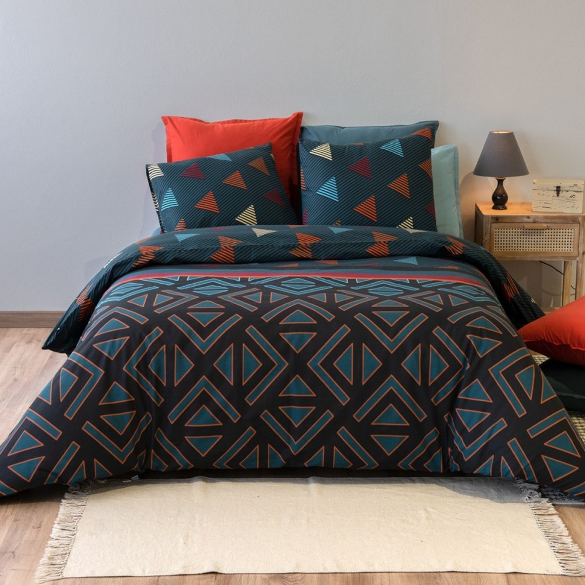 Housse de couette 100% coton 57 fils + 2 taies d’oreiller bleu, DECORATIE