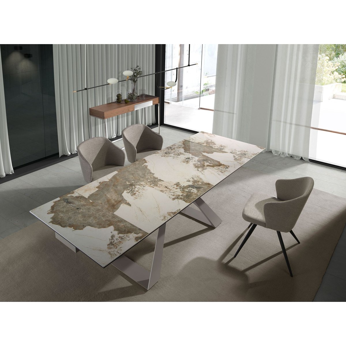 Table à manger marbre et acier effet noyer blanc | gris taupe, ANGEL CERDA