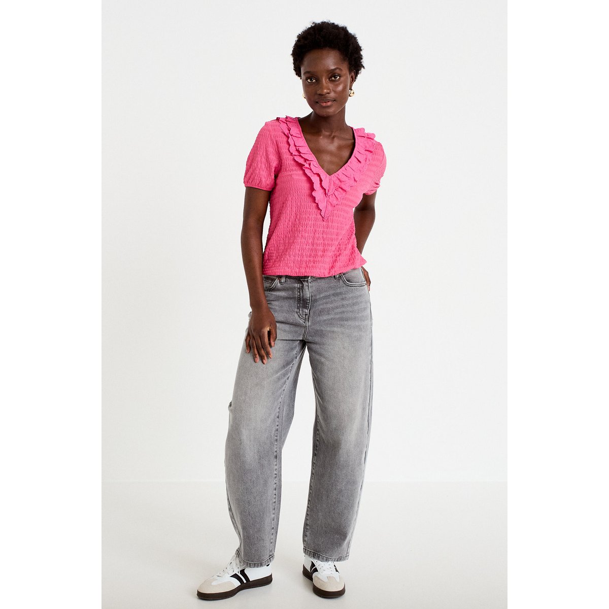 Blouse plissée col v manches courtes rose fushia, CACHE CACHE