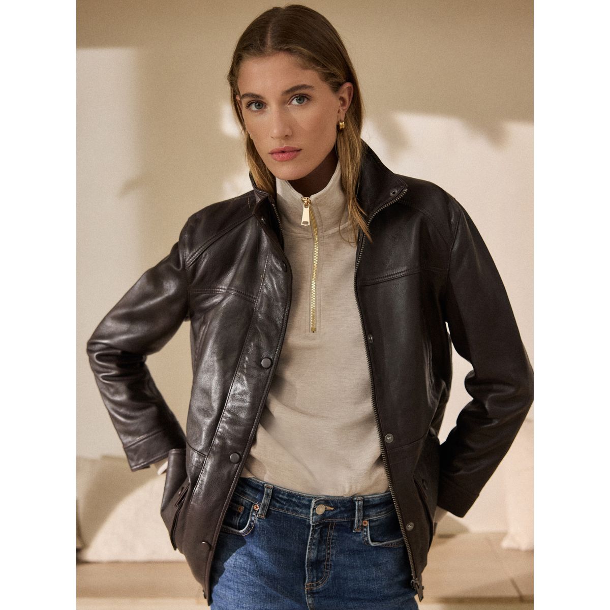 Veste cintrée en cuir à col cheminée marron chocolat, NEXT