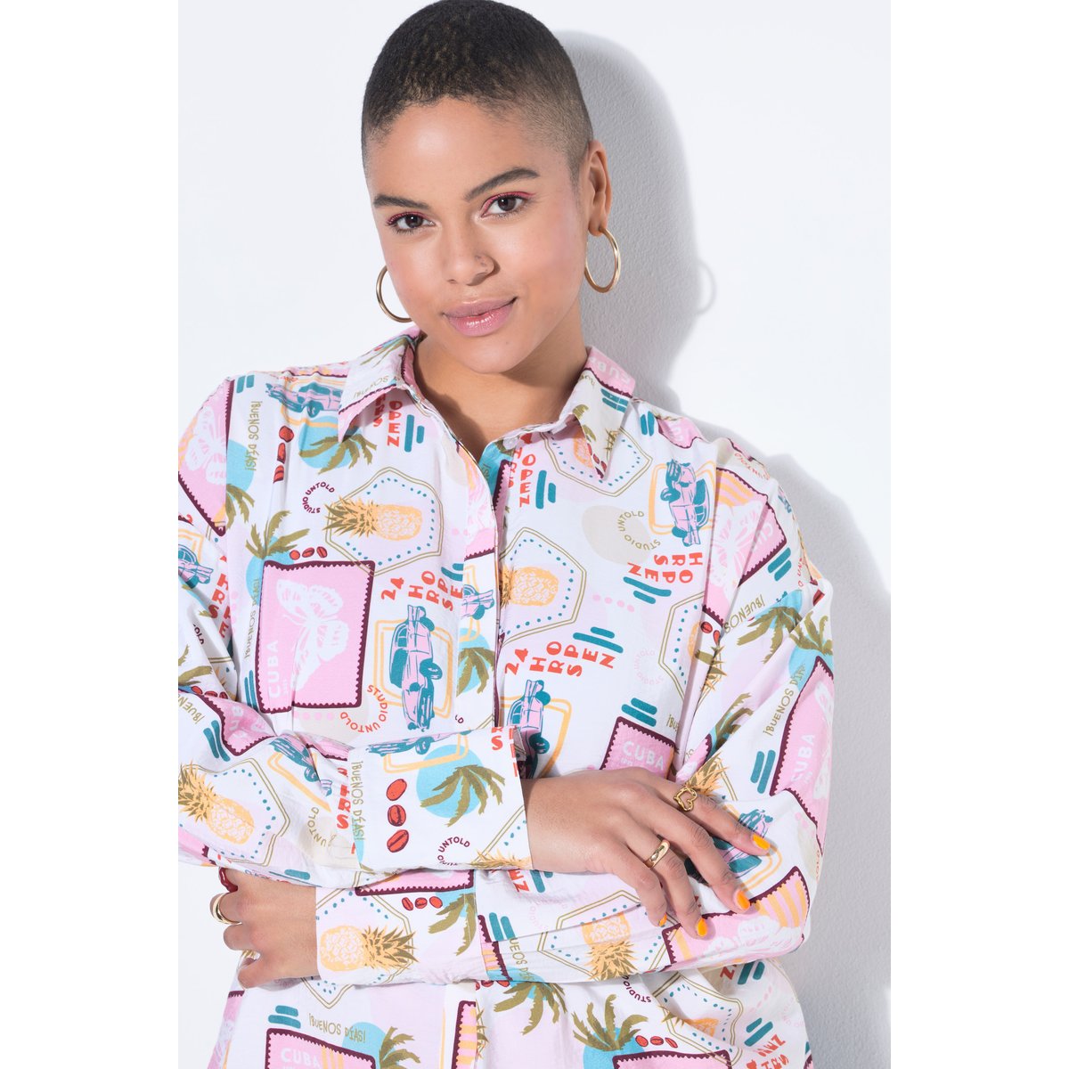 Chemisier oversize, mélange d'imprimés blanc crème, STUDIO UNTOLD
