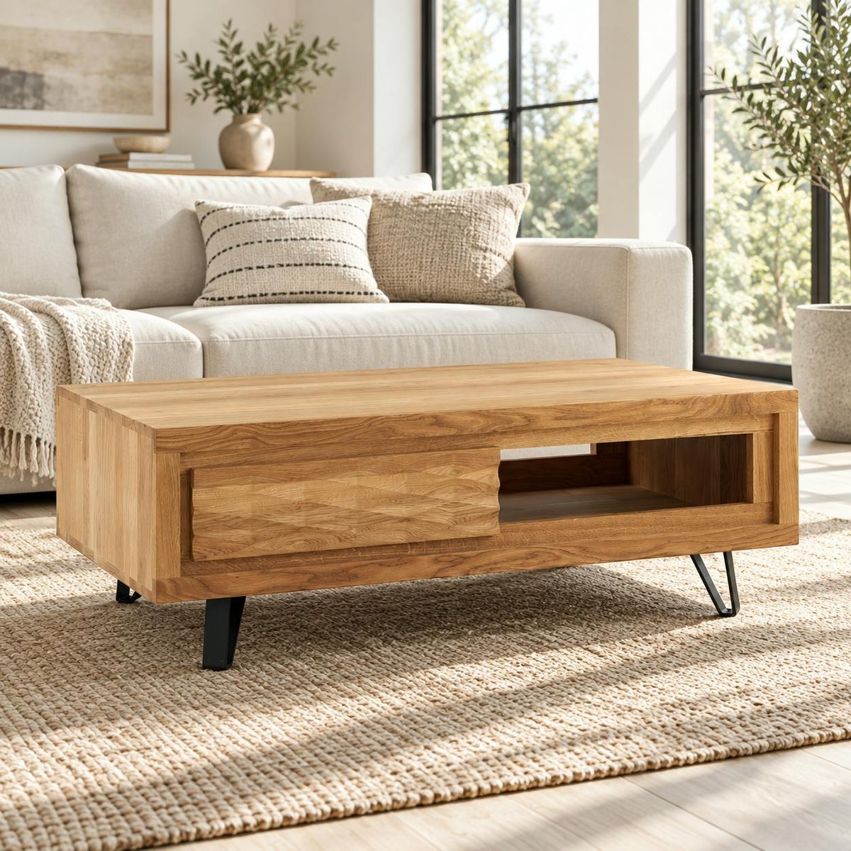 Table basse bois massif - 1 tiroir, frise décorative ROSETO bois naturel, PIER IMPORT