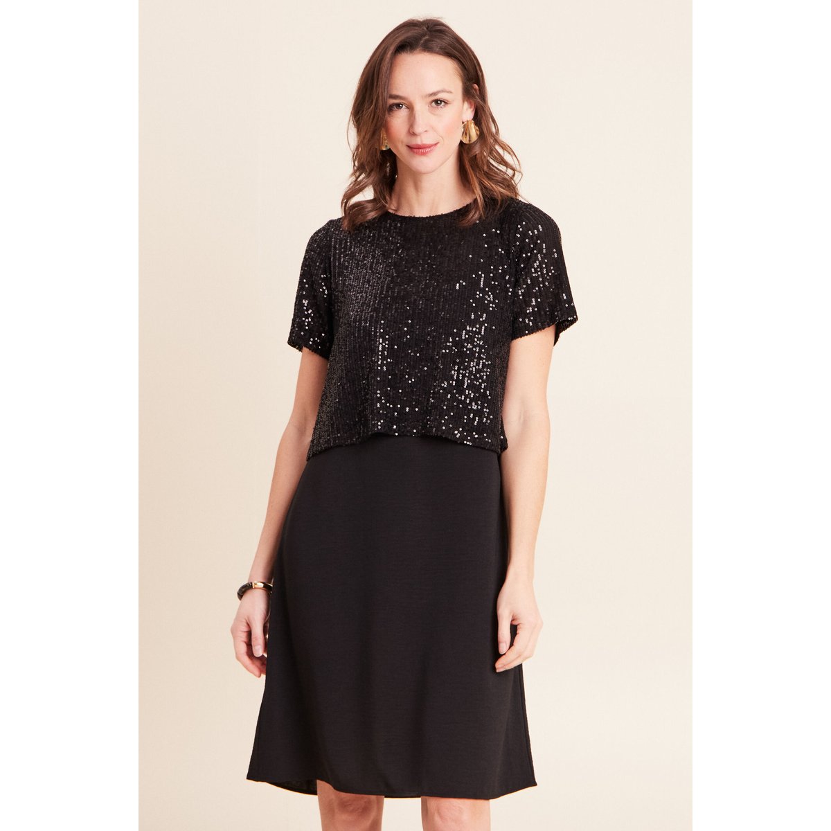 Robe courte évasée col rond 2 en 1 noir, BREAL
