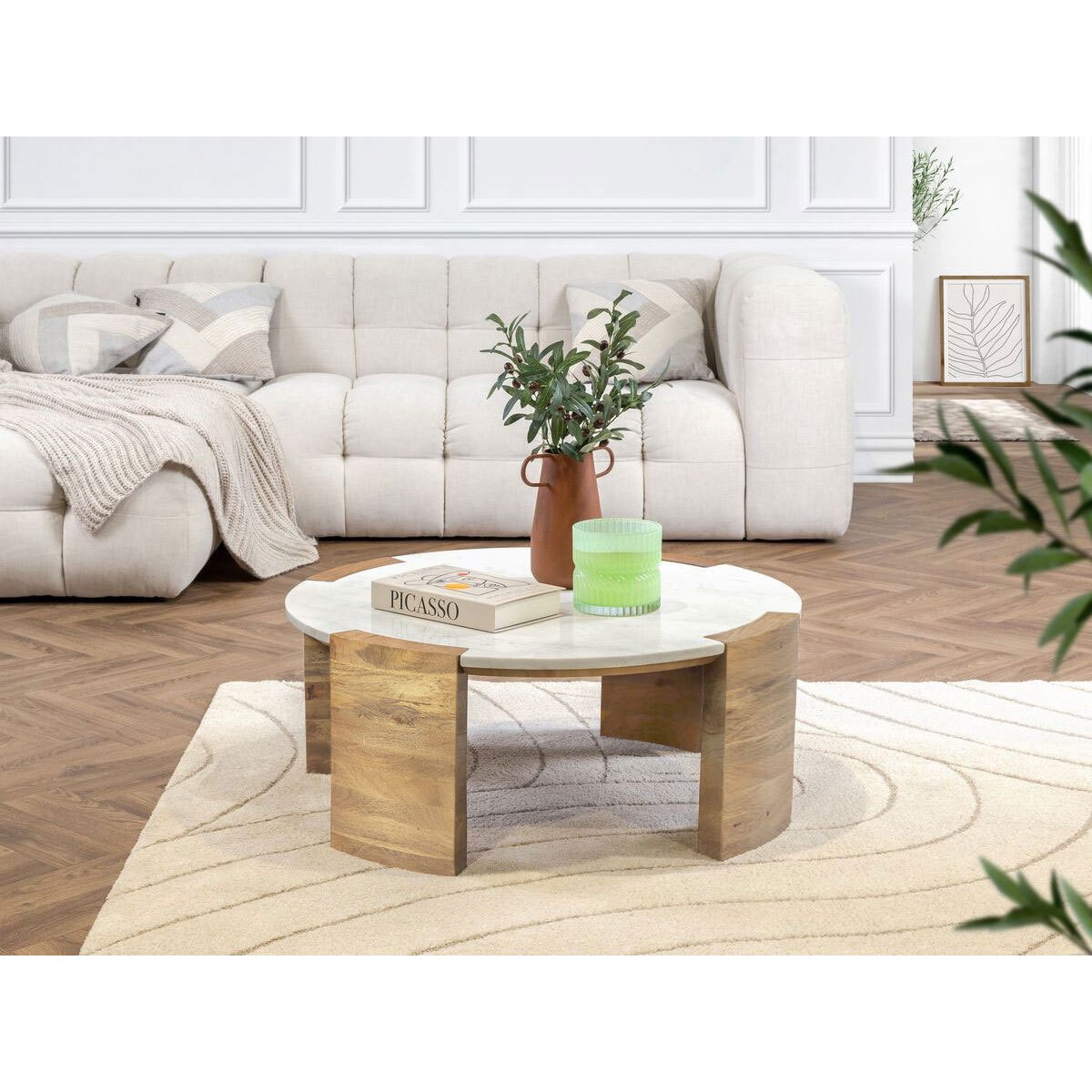 Table basse ronde en marbre, TORVI blanc, BOBOCHIC