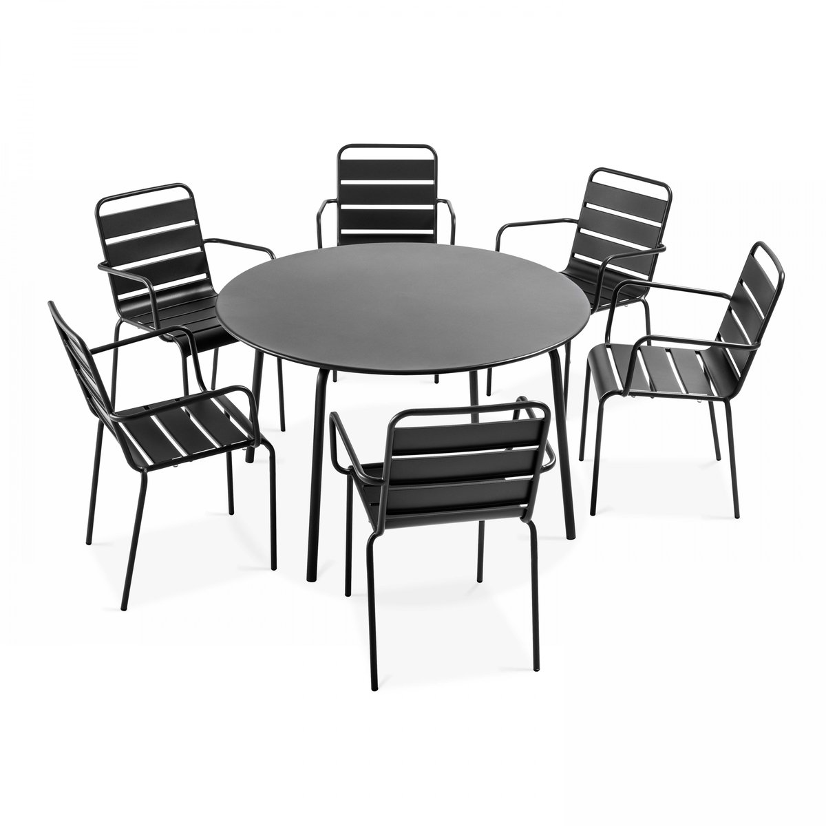 Salon de jardin table ronde et 6 fauteuils en métal, PALAVAS gris anthracite, OVIALA