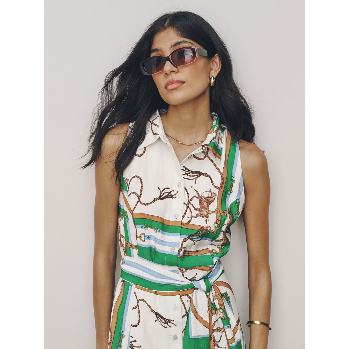Robe mi-longue dos nu avec ceinture imprimé corde verte/blanche, NEXT