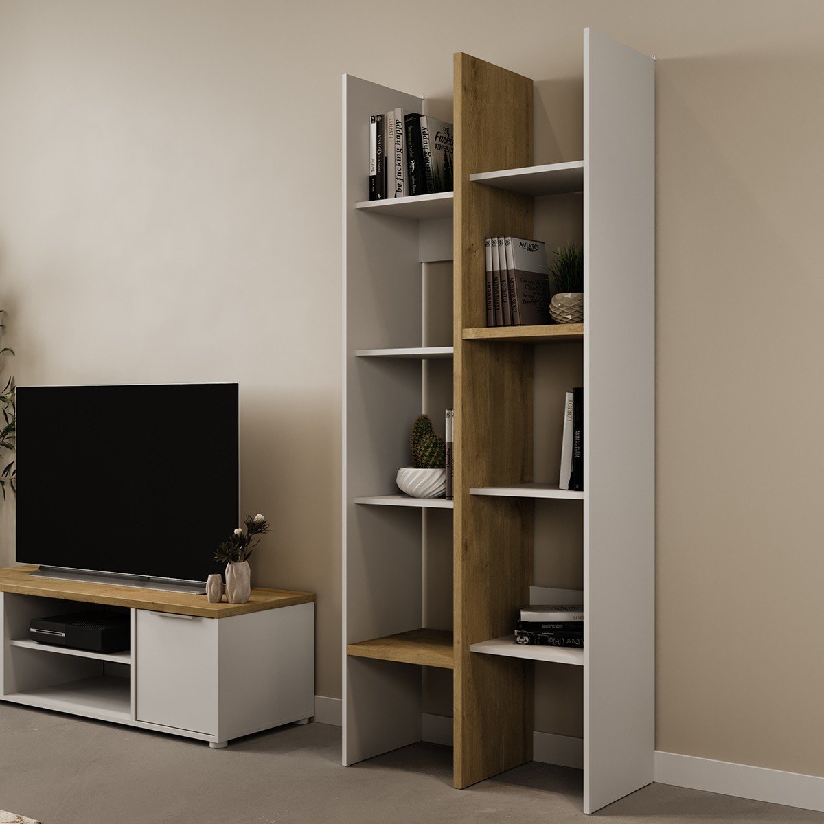 Etagère déco 6 rayons et 8 niches décor chêne et blanc mat - ACCESS bois clair, CALICOSY
