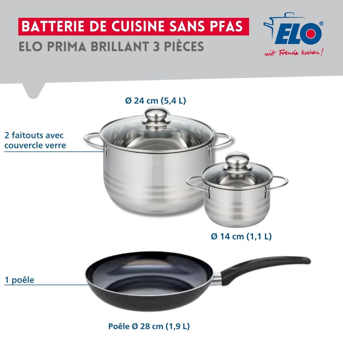Batterie 1 poêle 28cm + 2 faitouts 14/24cm PRIMA BRILLANT noir, ELO