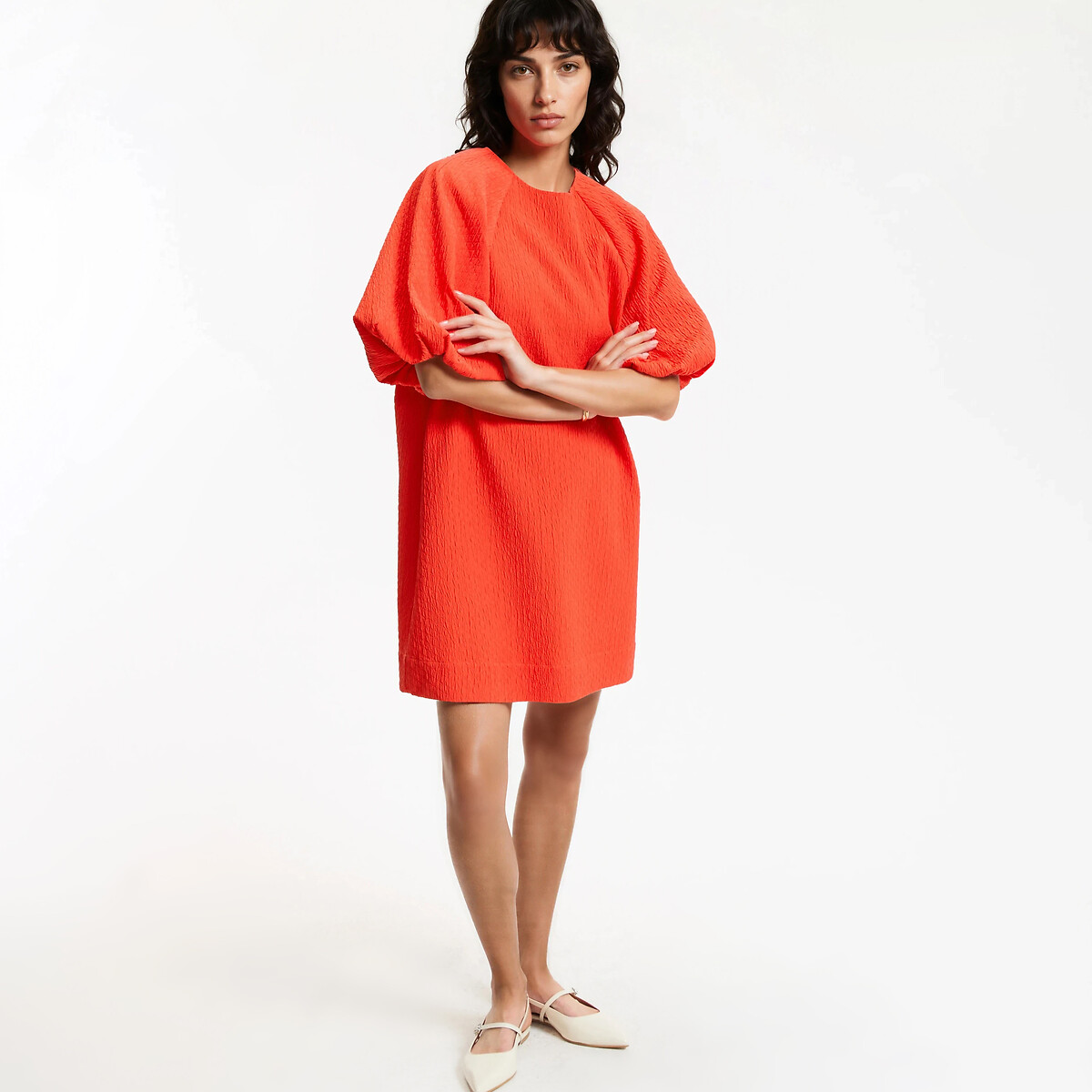 Short Puff Sleeve Mini Dress red orange, LA REDOUTE COLLECTIONS