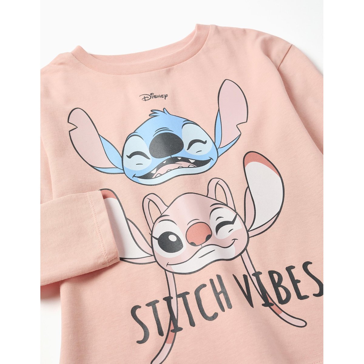 T-shirt en coton à manches longues avec imprimé Stitch Vibes rose clair, ZIPPY