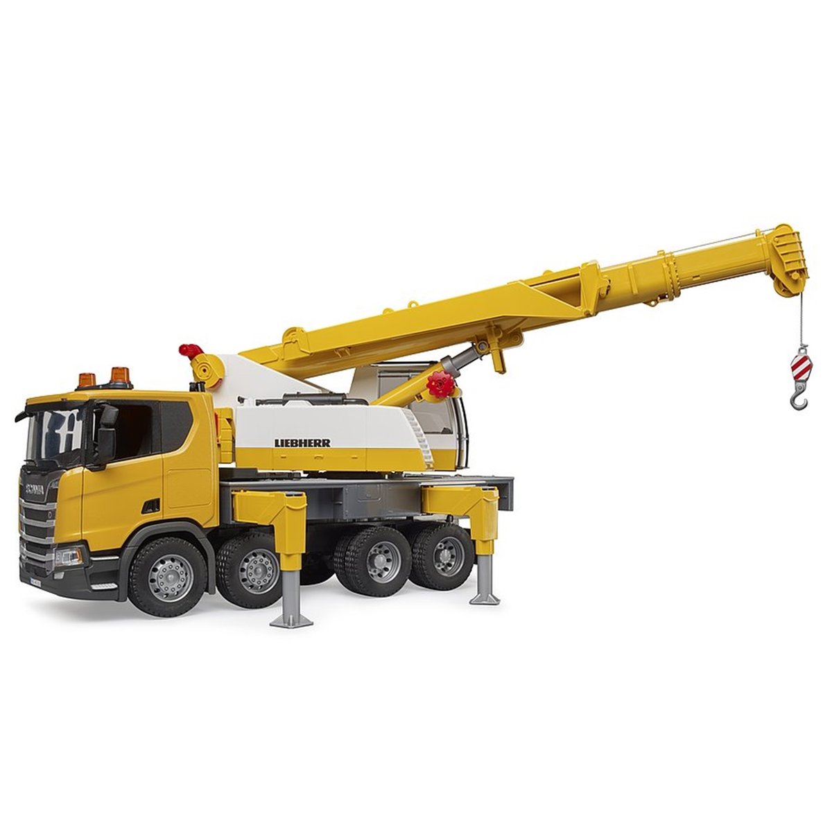 Scania Super 560R Liebherr camion-grue avec module son et lumière jaune, BRUDER