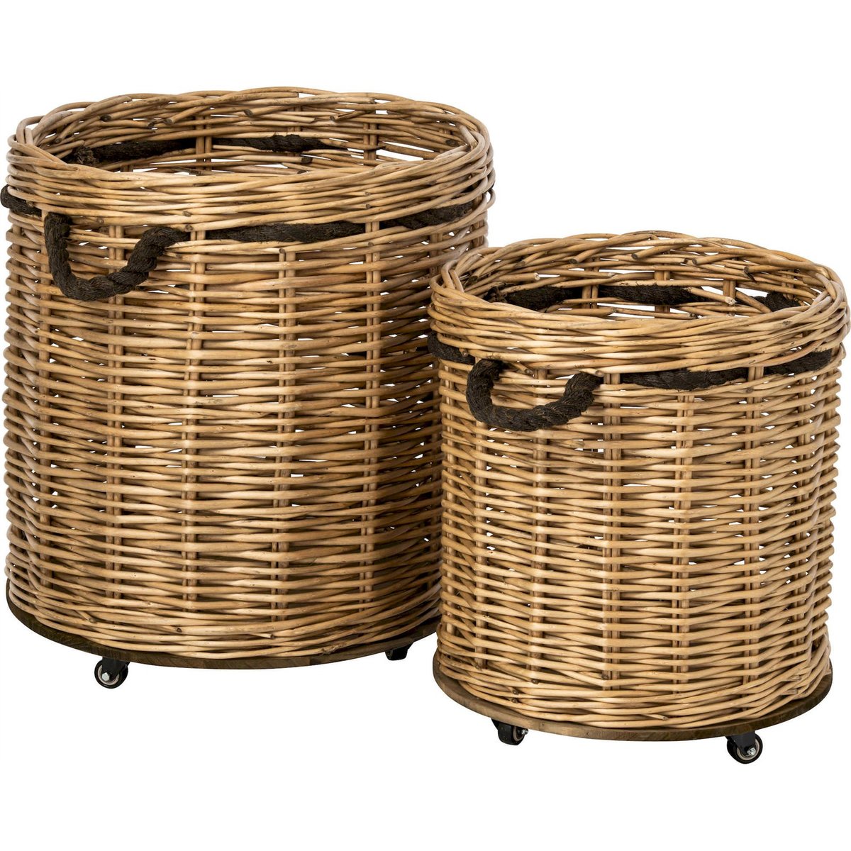 Lot de 2 cache-pots ronds à roulettes rotin naturel et grège, RECOLLECTION