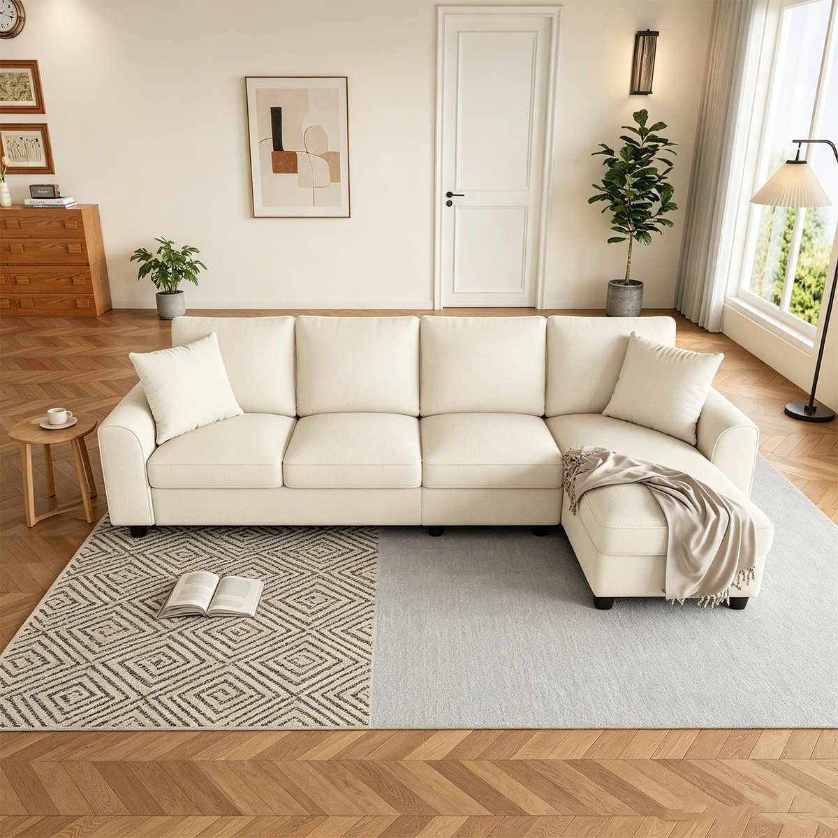 Canapé d'angle réversible coffre en chenille, VASEB beige, MEUBLES COSY