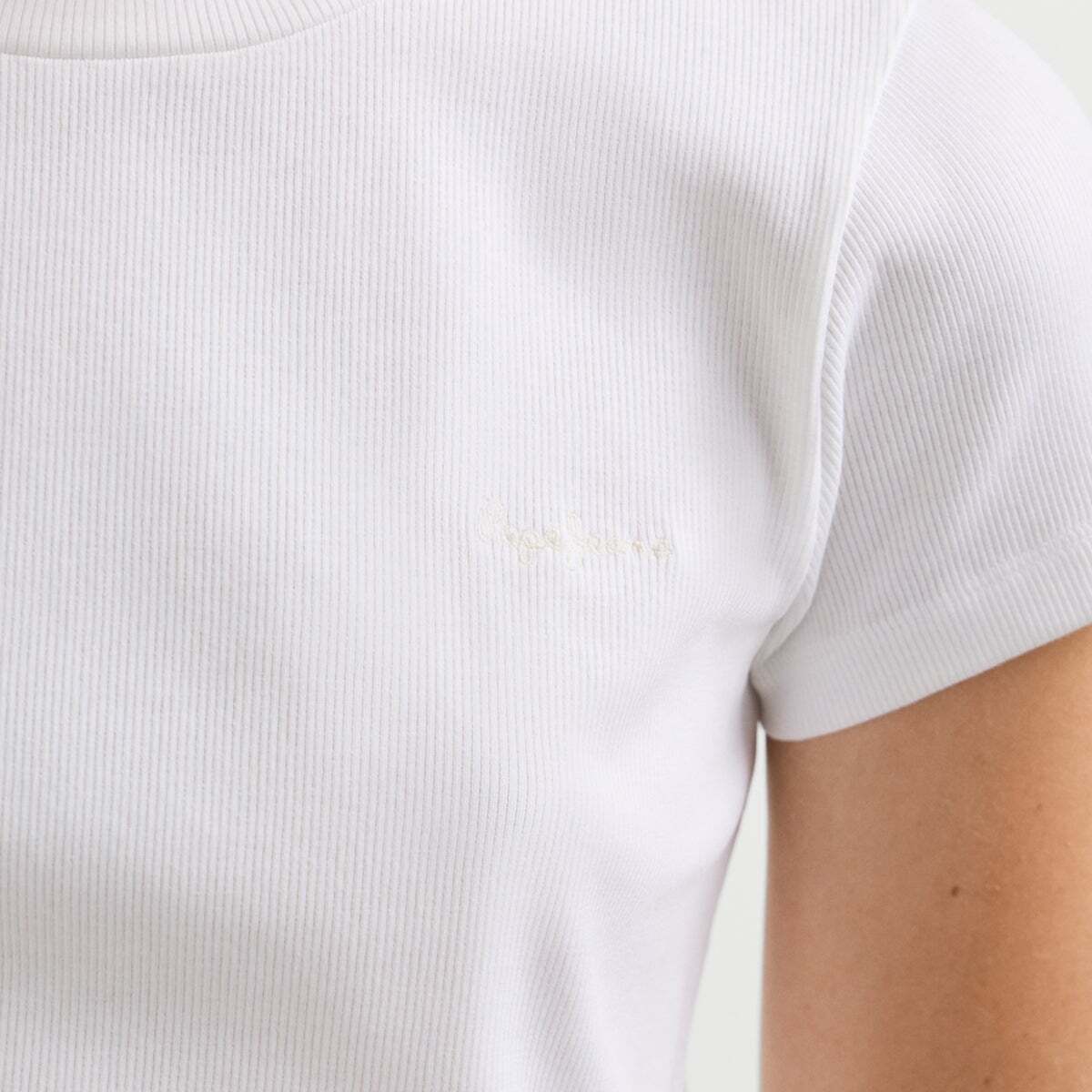 T-Shirt Côtelé À Logo Brodé blanc, PEPE JEANS