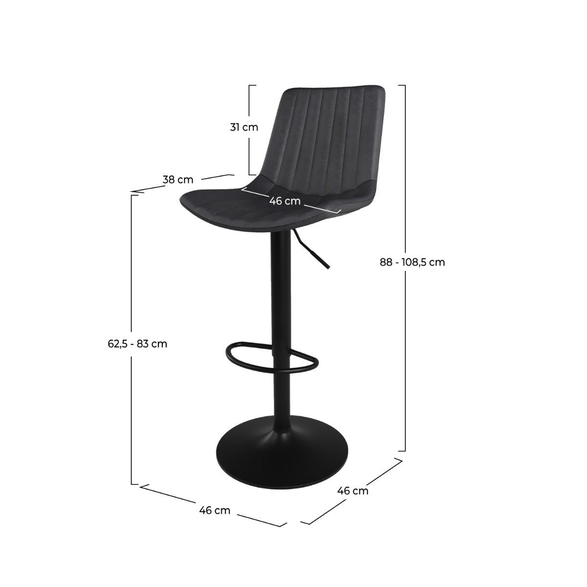Lot de 2 chaises de bar réglables 62,5/83 cm en cuir synthétique - KILLI gris foncé, MAISON PAVANE