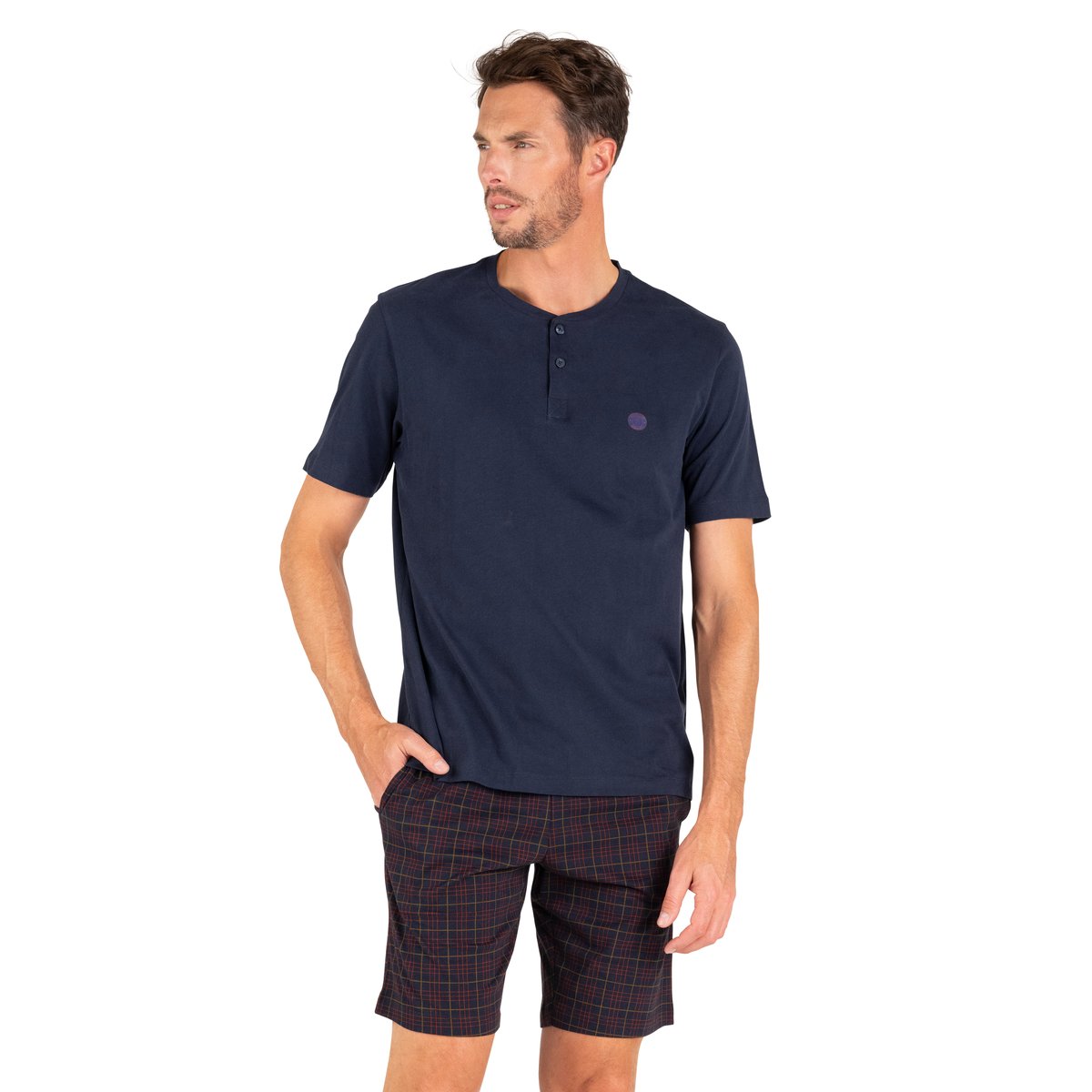 Pyjama short carreaux col tunisien bleu marine/carreaux, EMINENCE