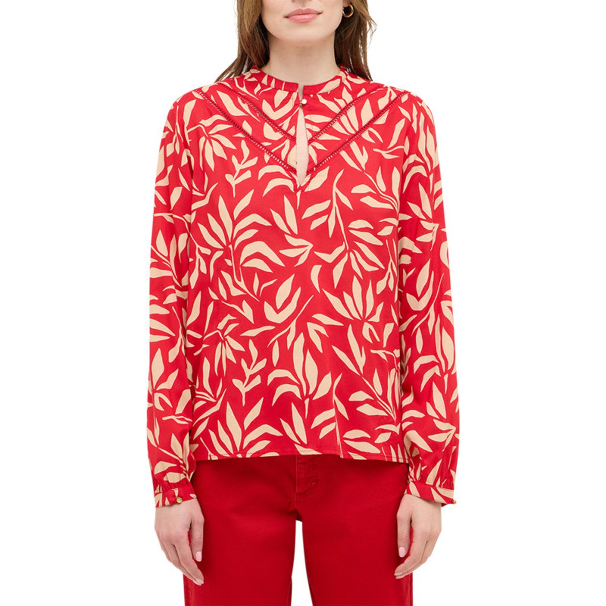 Blouse rouge ornée d'un motif fantaisie avec un col tunisien rouge, MUSTANG