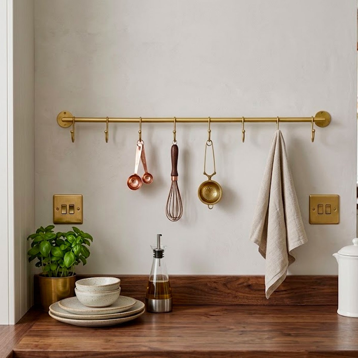 Barre de support ustensiles de cuisine doré avec 8 crochets 80cm doré, WADIGA