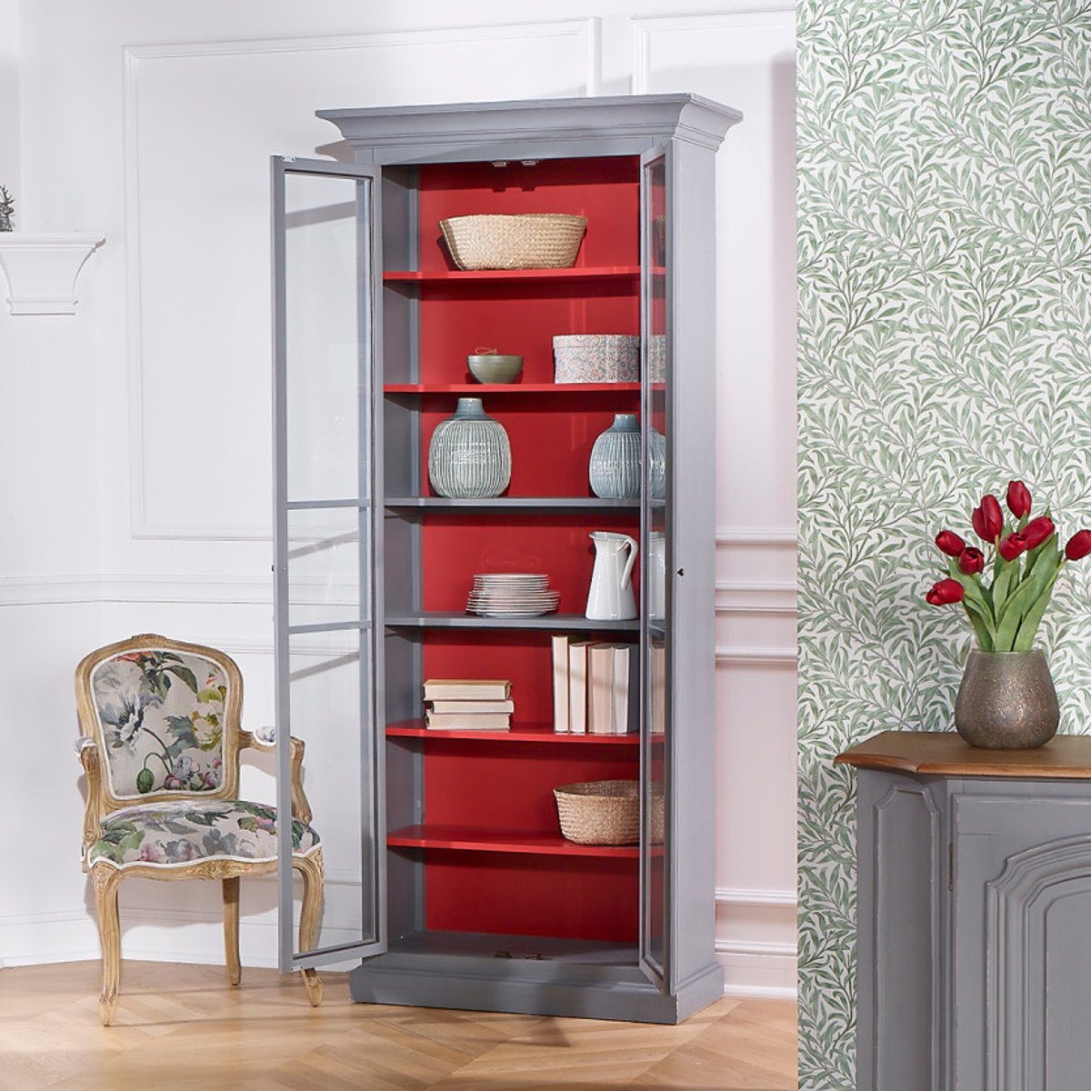 Armoire vitrée en pin 6 étagères EMILY grise, ROBIN DES BOIS