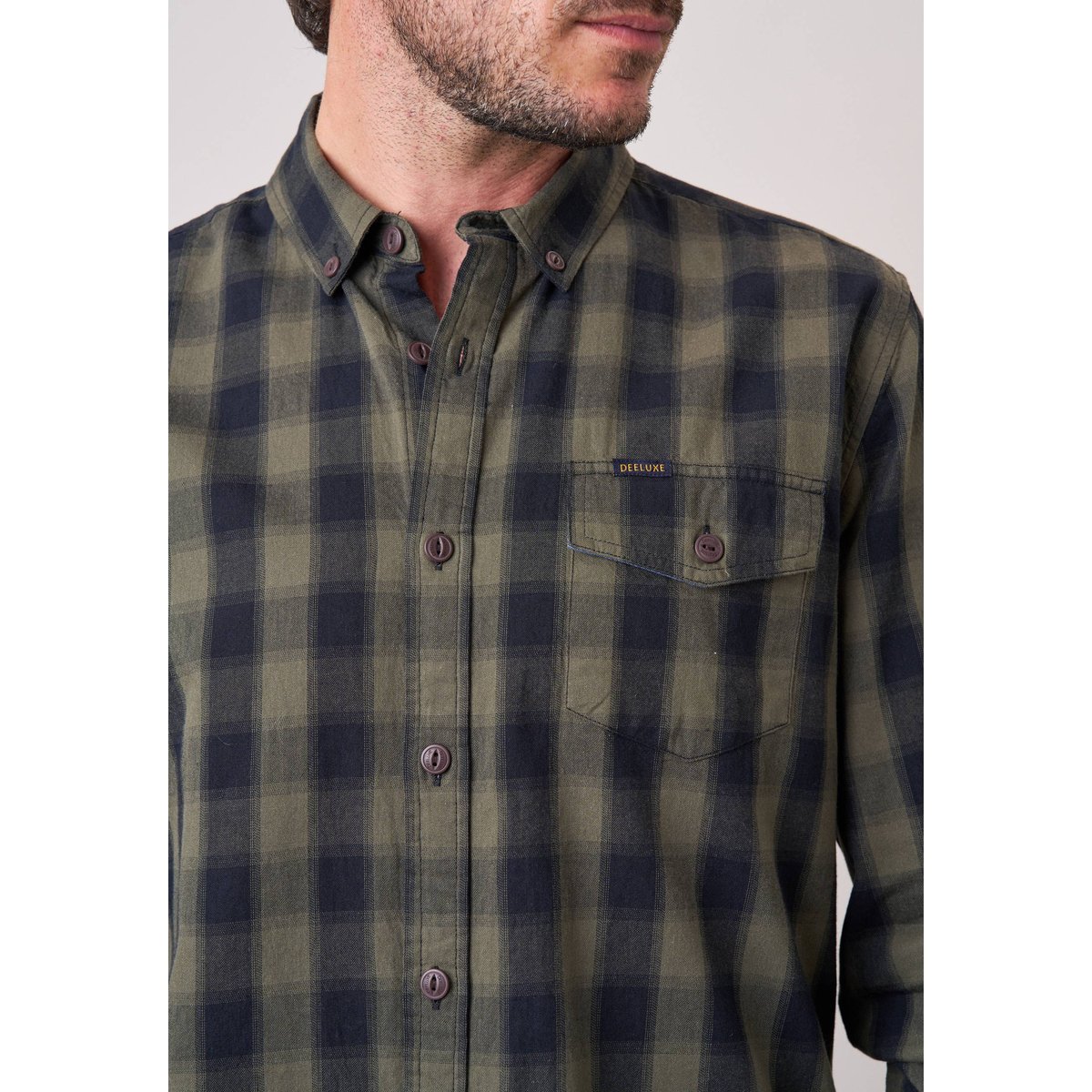 Chemise regular homme à carreaux en flanelle 100% coton PIETER khaki, DEELUXE
