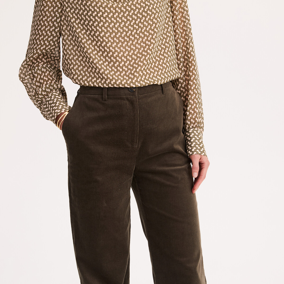 Pantalon large, velours côtelé stretch vert kaki, ANNE WEYBURN