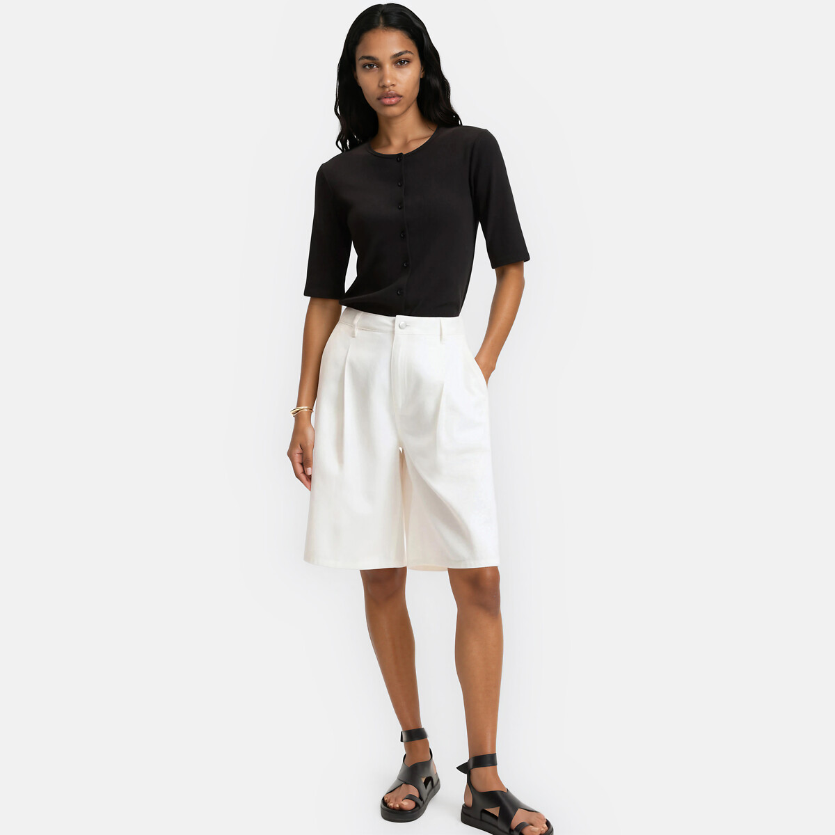Short Sleeve Button-Down Crew Neck T-Shirt black, LA REDOUTE COLLECTIONS