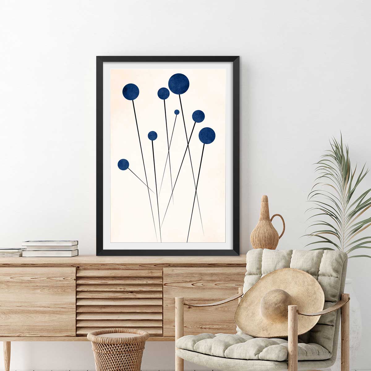 Affiche dessin ""fleurs de bleuets "" affiche + cadre en bois - noir, HEXOA