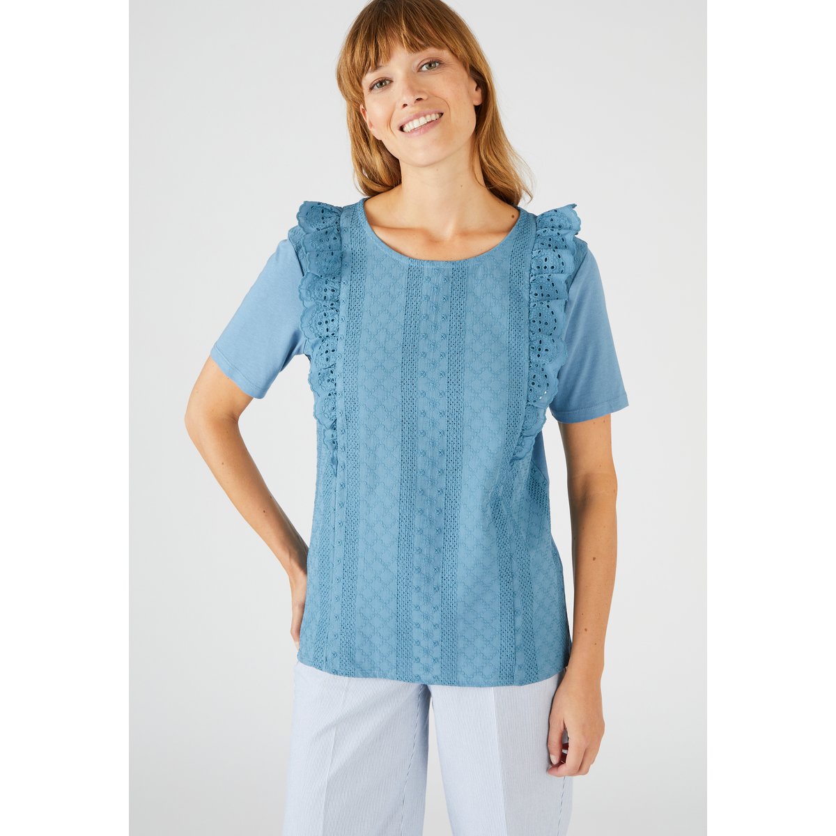 T-shirt bi-matière broderie anglaise bleu jean, DAMART